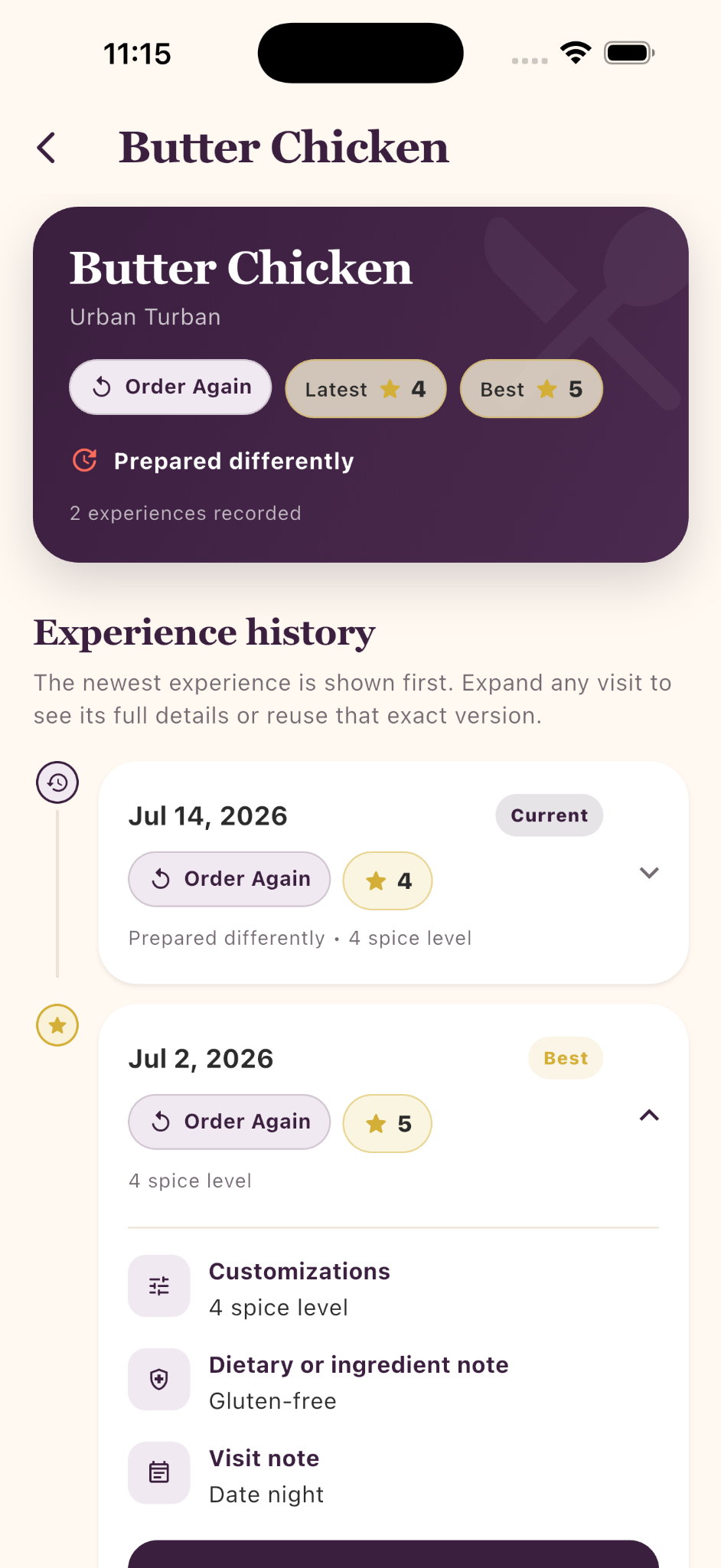 Butter Chicken experience history showing current and best versions with full details