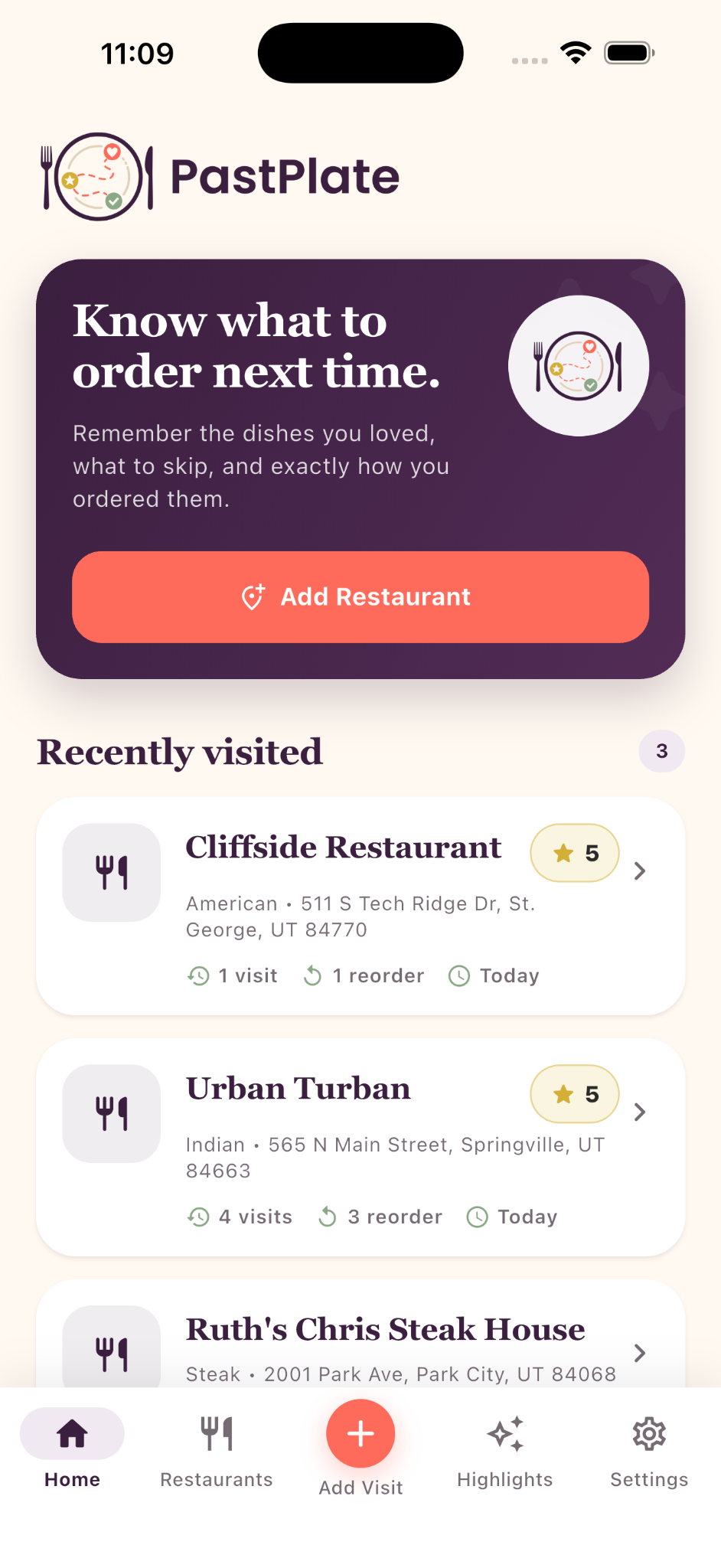 PastPlate home screen with a prominent Add Visit action