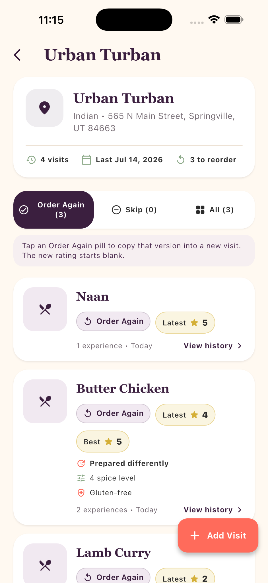 Restaurant page showing Order Again dishes with latest and best ratings