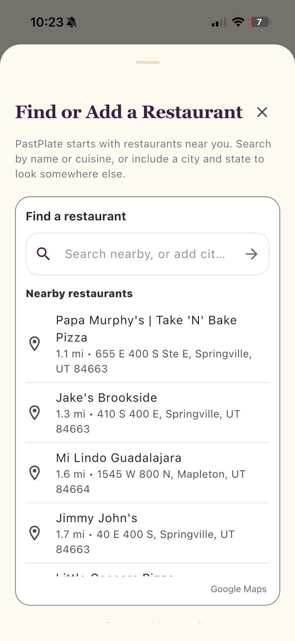 PastPlate restaurant search showing nearby restaurants