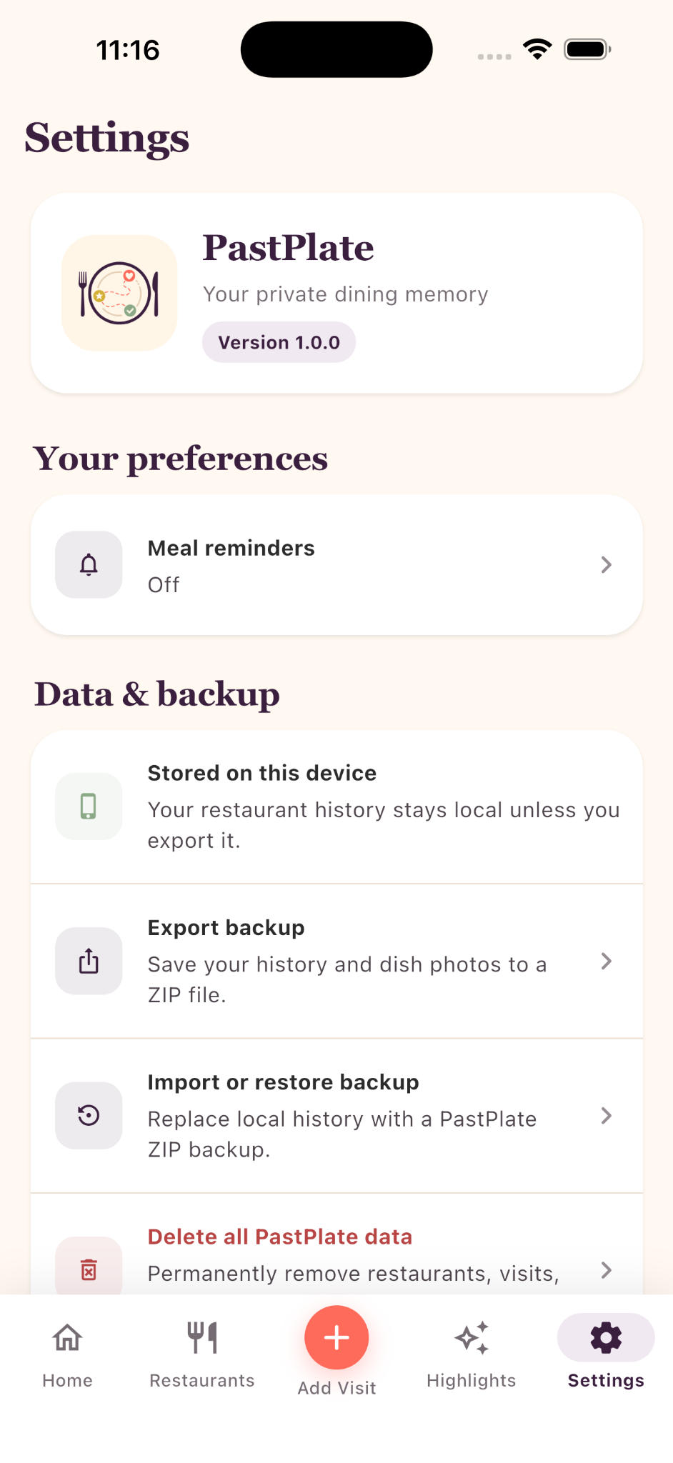 PastPlate Settings screen with meal reminders, backup, restore, and delete controls