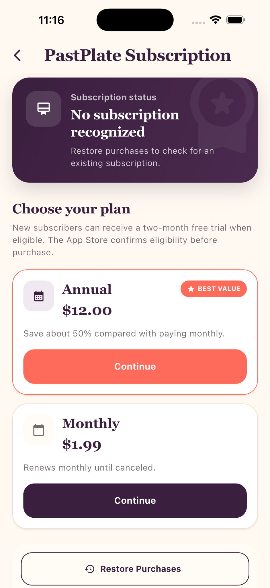 PastPlate Subscription screen with annual and monthly plan choices and Restore Purchases