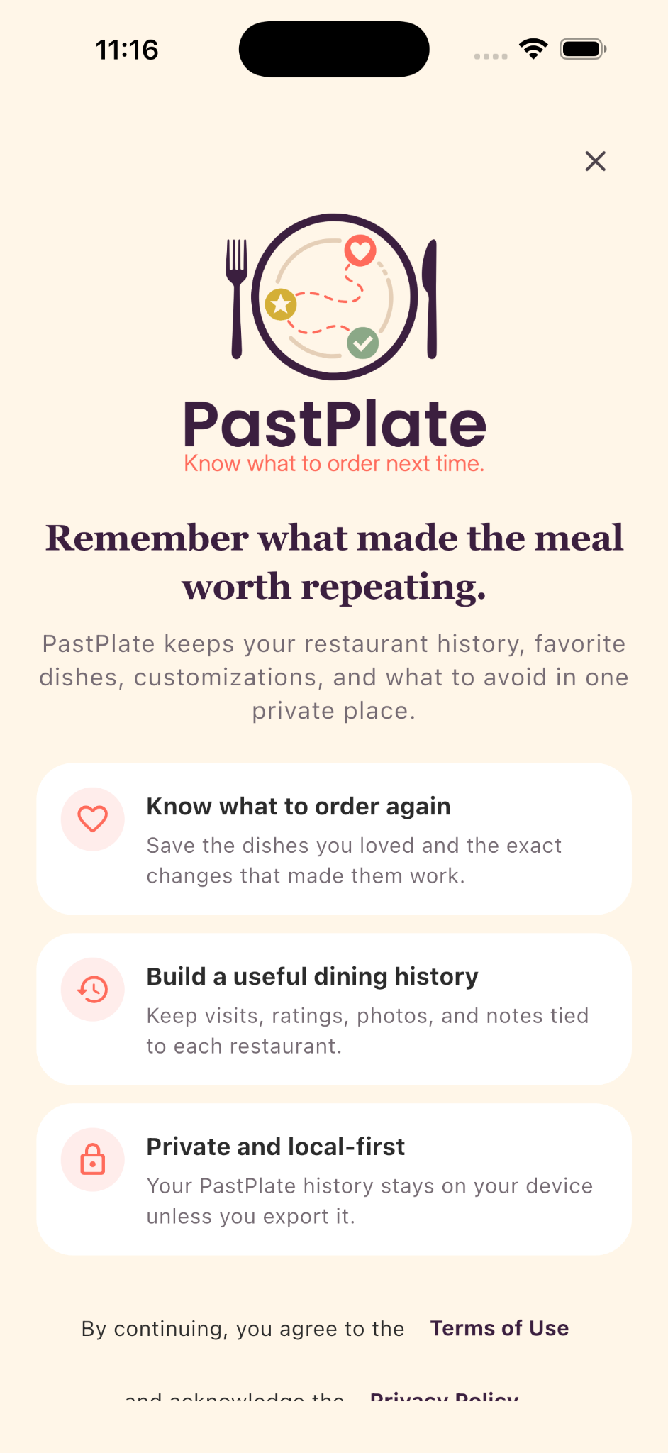 PastPlate welcome screen explaining dining history, repeat orders, and local-first privacy